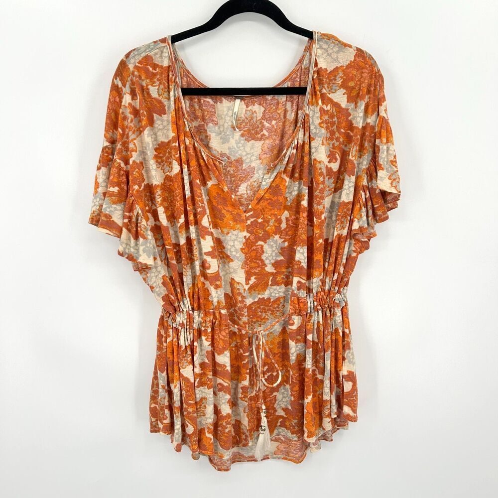 FREE PEOPLE Orange Beige Floral Flutter Sleeve Waist Tie V-Neck Blouse Top Small - Picture 2 of 7